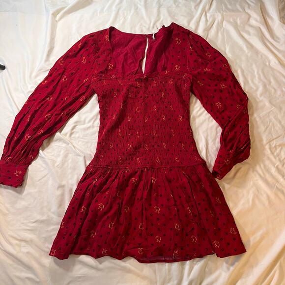 NWT Free People Red Floral Print Smocked Long Sleeve Mini Dress Sz M Cottagecore - Picture 3 of 12